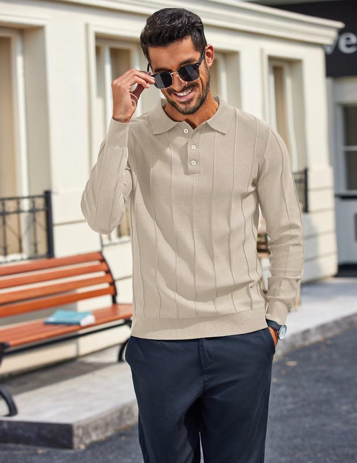 imageCOOFANDY Mens Knit Long Sleeve Polo Sweater Business Casual Collared Golf Sweaters Ribbed Textured Activewear PolosCream