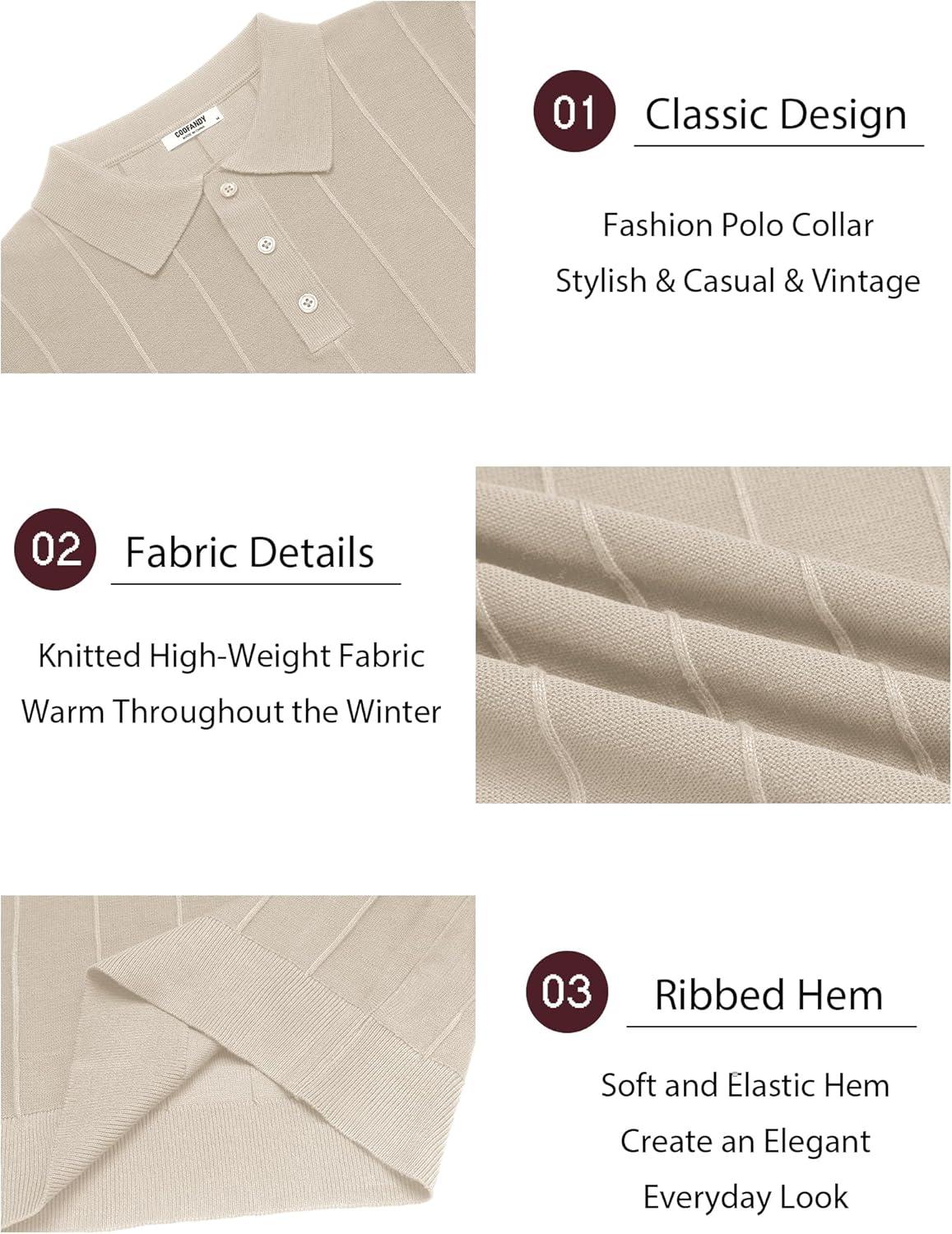imageCOOFANDY Mens Knit Long Sleeve Polo Sweater Business Casual Collared Golf Sweaters Ribbed Textured Activewear PolosCream