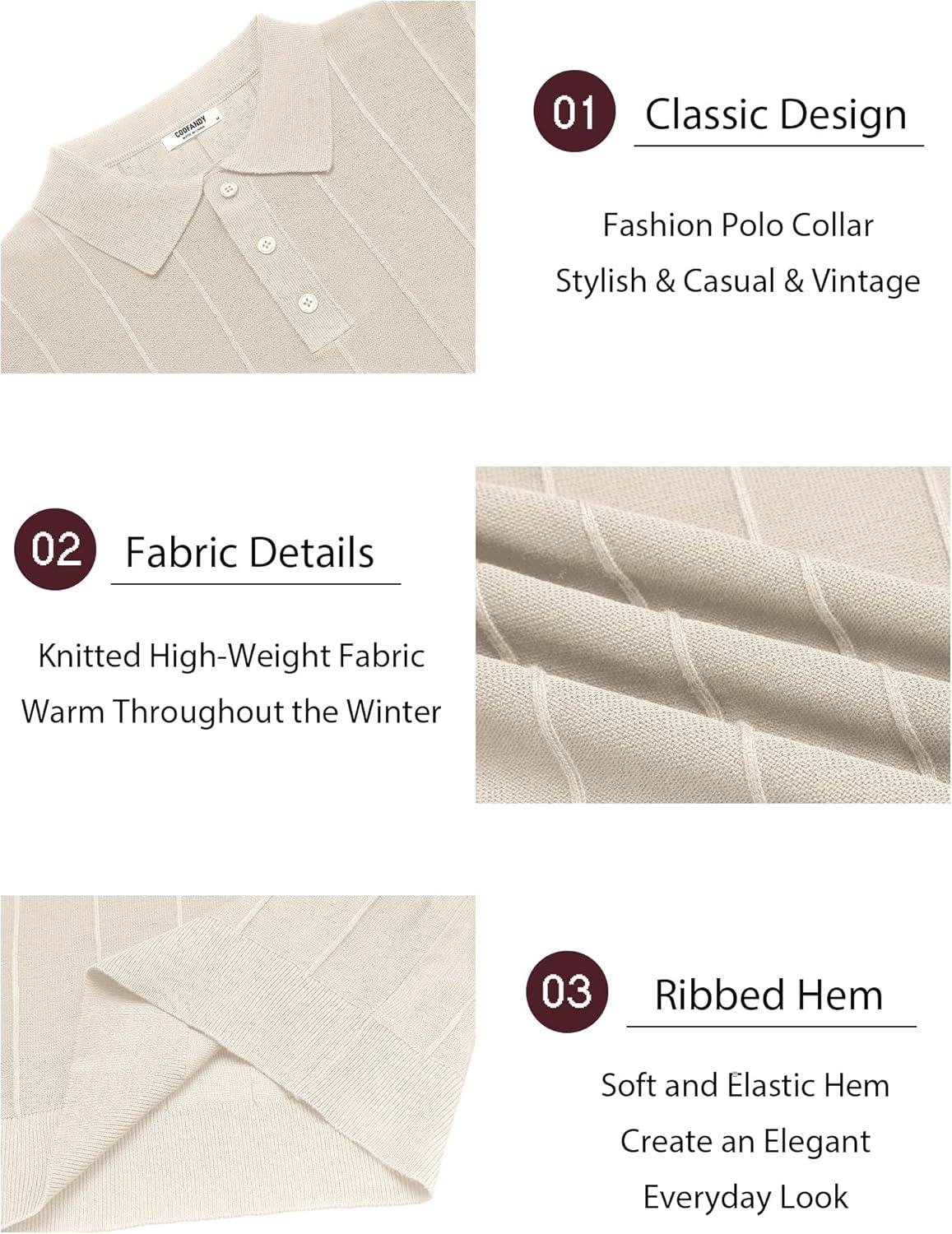 imageCOOFANDY Mens Knit Long Sleeve Polo Sweater Business Casual Collared Golf Sweaters Ribbed Textured Activewear PolosCream White