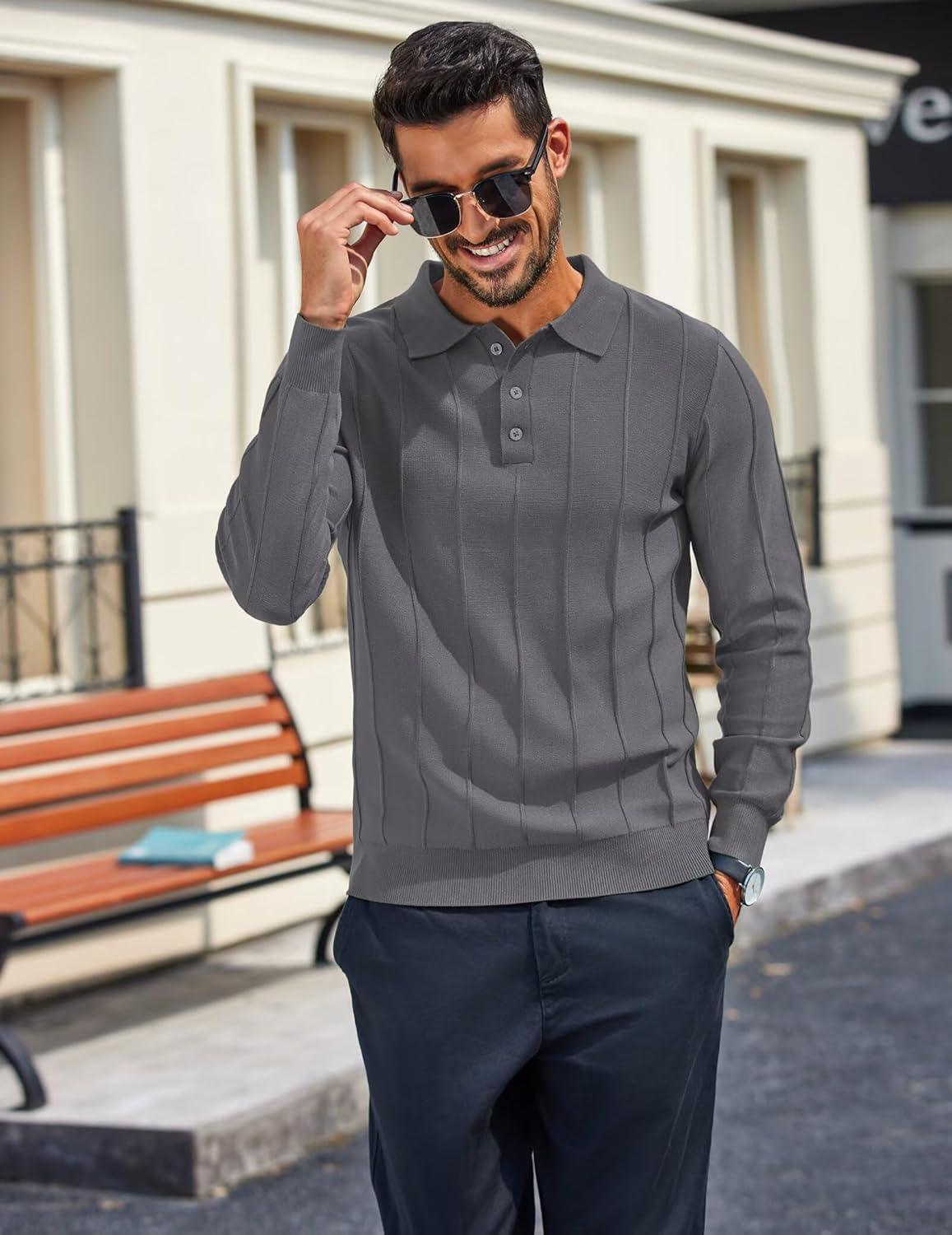 imageCOOFANDY Mens Knit Long Sleeve Polo Sweater Business Casual Collared Golf Sweaters Ribbed Textured Activewear PolosDark Gray