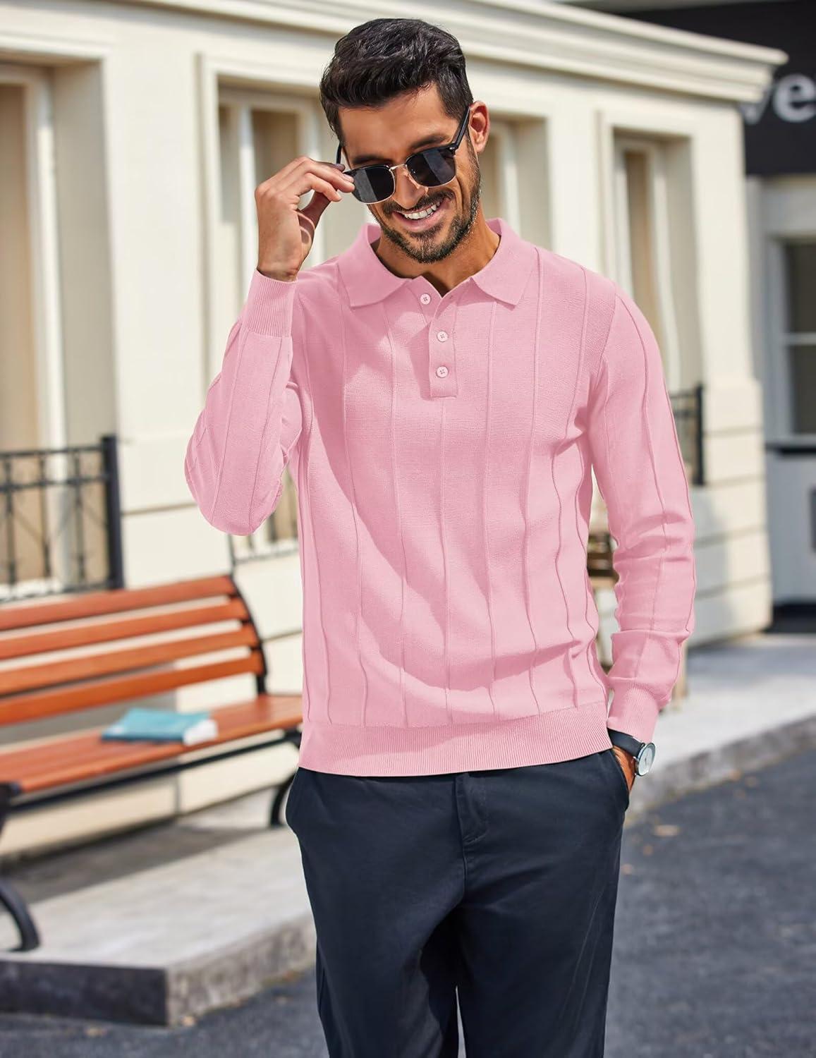 imageCOOFANDY Mens Knit Long Sleeve Polo Sweater Business Casual Collared Golf Sweaters Ribbed Textured Activewear PolosPink