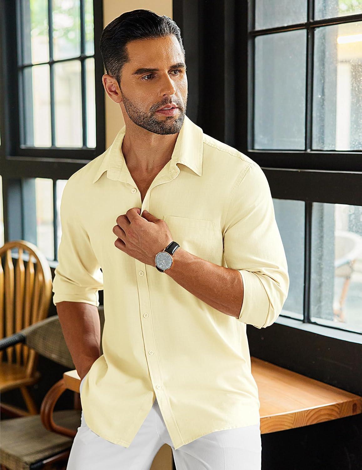 imageCOOFANDY Mens Long Sleeve Buttons Down Shirts Casual Button Up Shirts Beach Linen Shirt Untucked Dress ShirtBeige