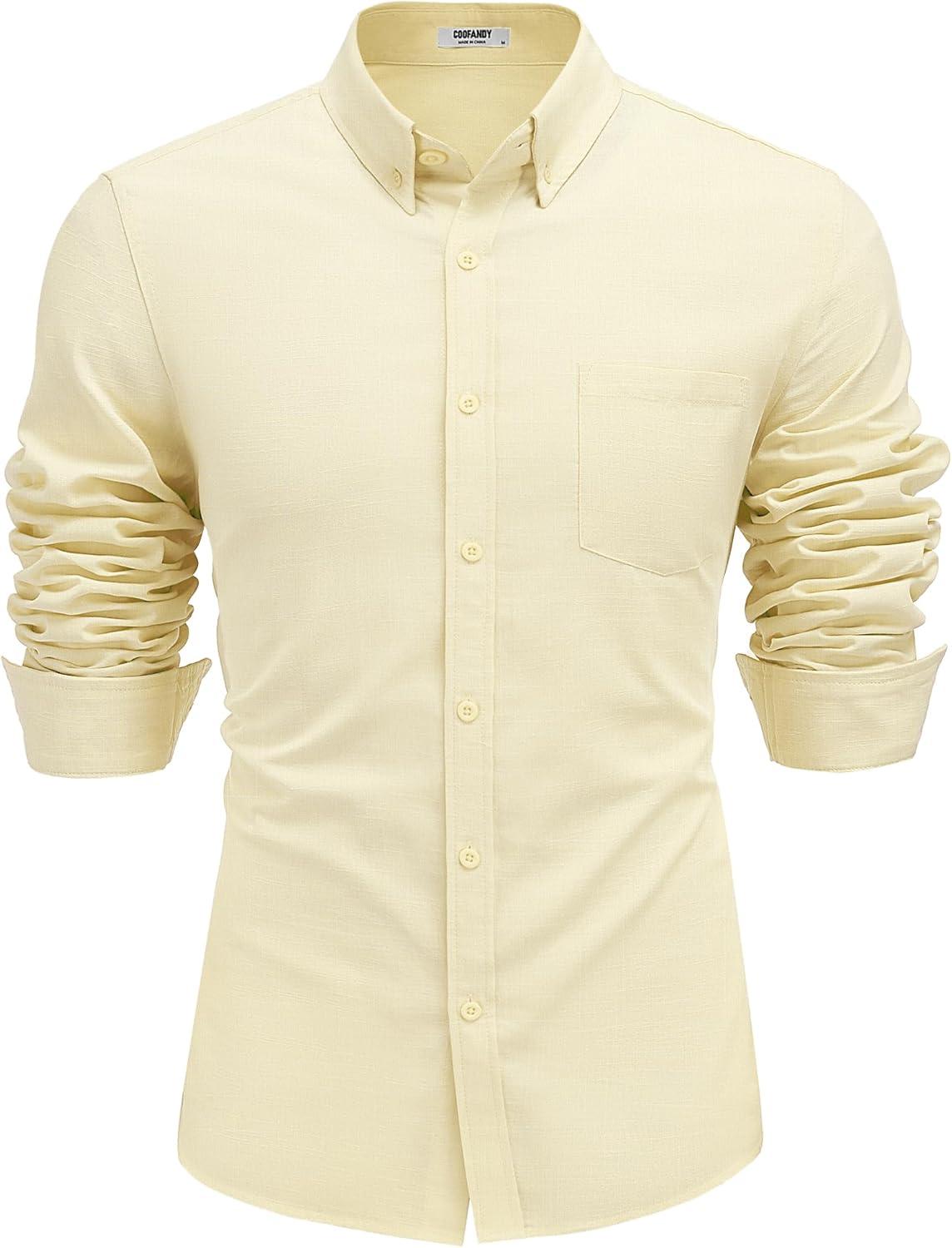imageCOOFANDY Mens Long Sleeve Buttons Down Shirts Casual Button Up Shirts Beach Linen Shirt Untucked Dress ShirtBeige