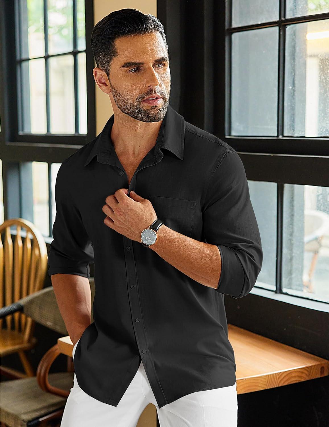 imageCOOFANDY Mens Long Sleeve Buttons Down Shirts Casual Button Up Shirts Beach Linen Shirt Untucked Dress ShirtBlack