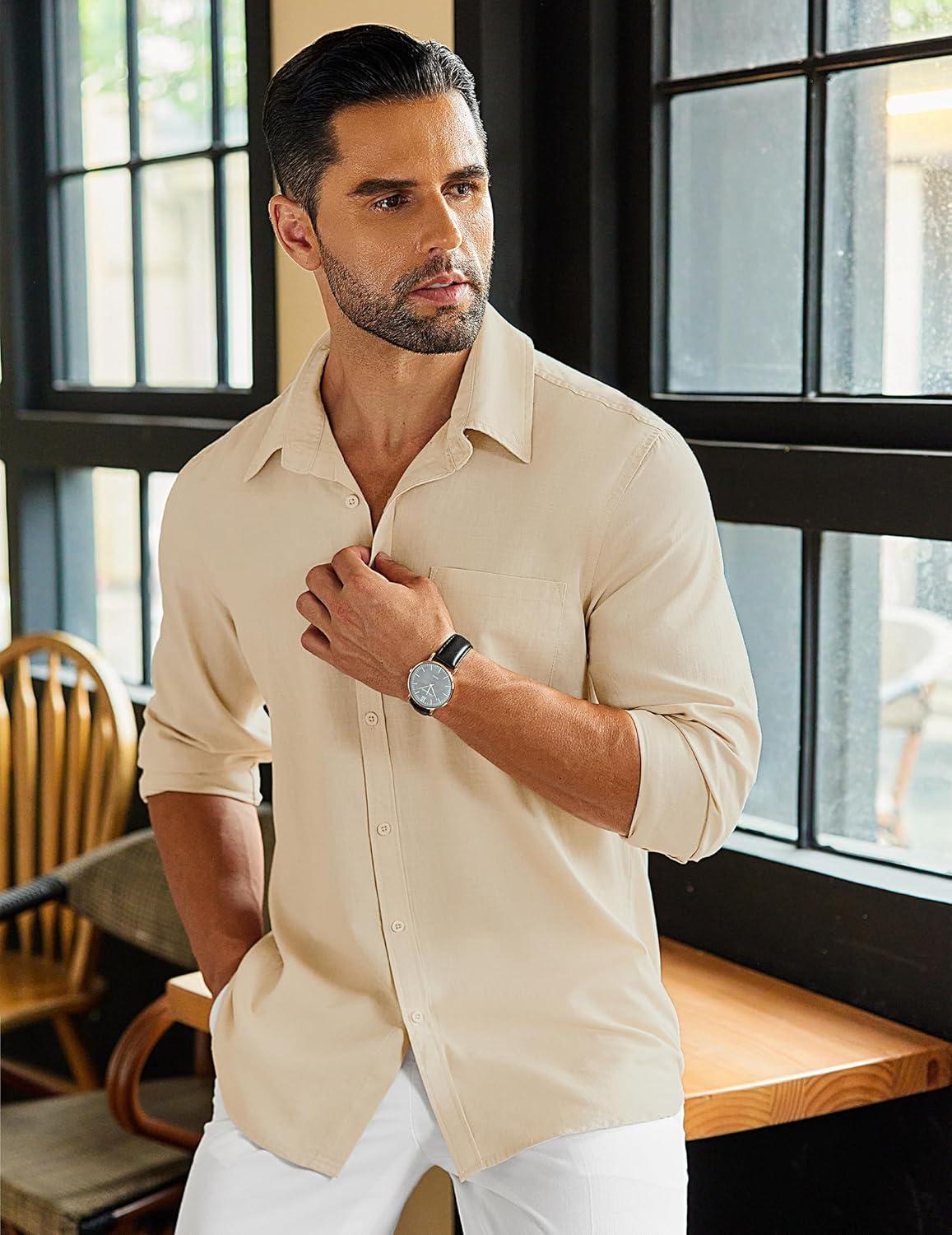 imageCOOFANDY Mens Long Sleeve Buttons Down Shirts Casual Button Up Shirts Beach Linen Shirt Untucked Dress ShirtKhaki