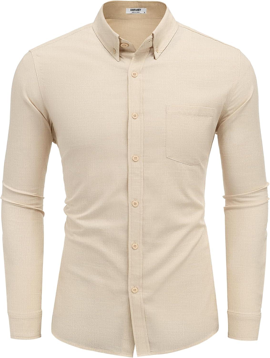 imageCOOFANDY Mens Long Sleeve Buttons Down Shirts Casual Button Up Shirts Beach Linen Shirt Untucked Dress ShirtKhaki