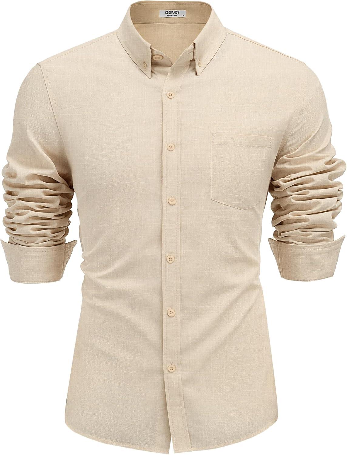 imageCOOFANDY Mens Long Sleeve Buttons Down Shirts Casual Button Up Shirts Beach Linen Shirt Untucked Dress ShirtKhaki