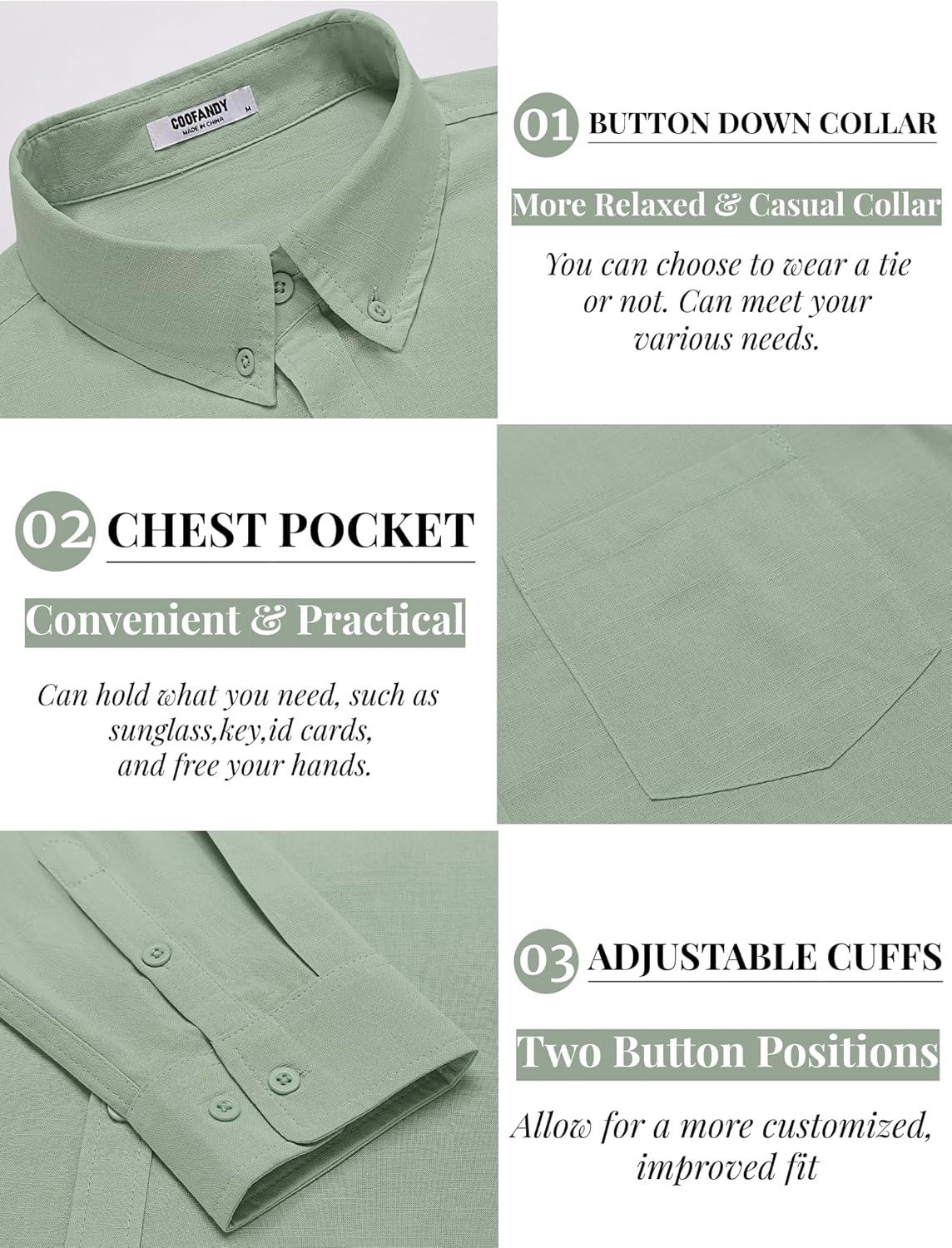 imageCOOFANDY Mens Long Sleeve Buttons Down Shirts Casual Button Up Shirts Beach Linen Shirt Untucked Dress ShirtLight Green