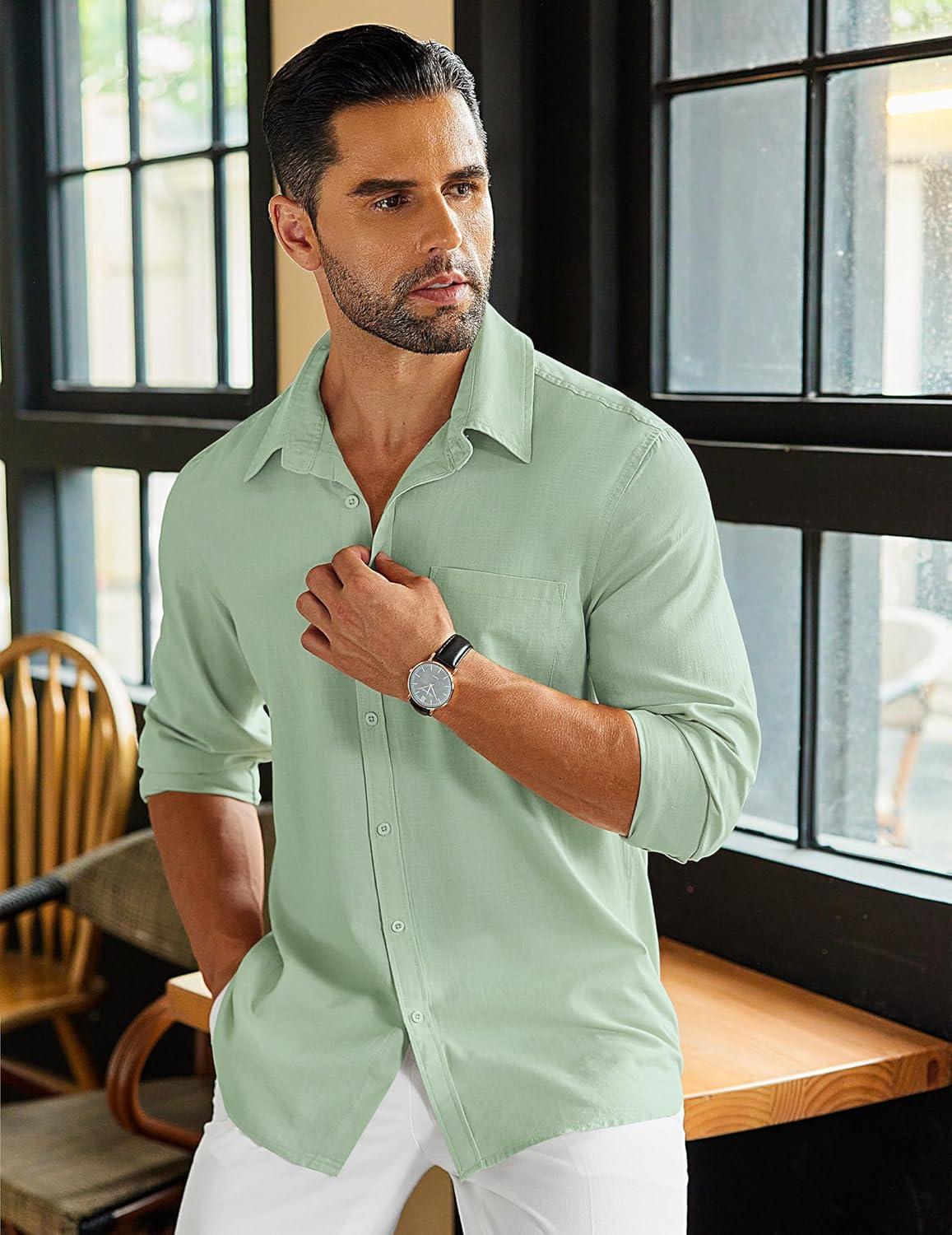 imageCOOFANDY Mens Long Sleeve Buttons Down Shirts Casual Button Up Shirts Beach Linen Shirt Untucked Dress ShirtLight Green