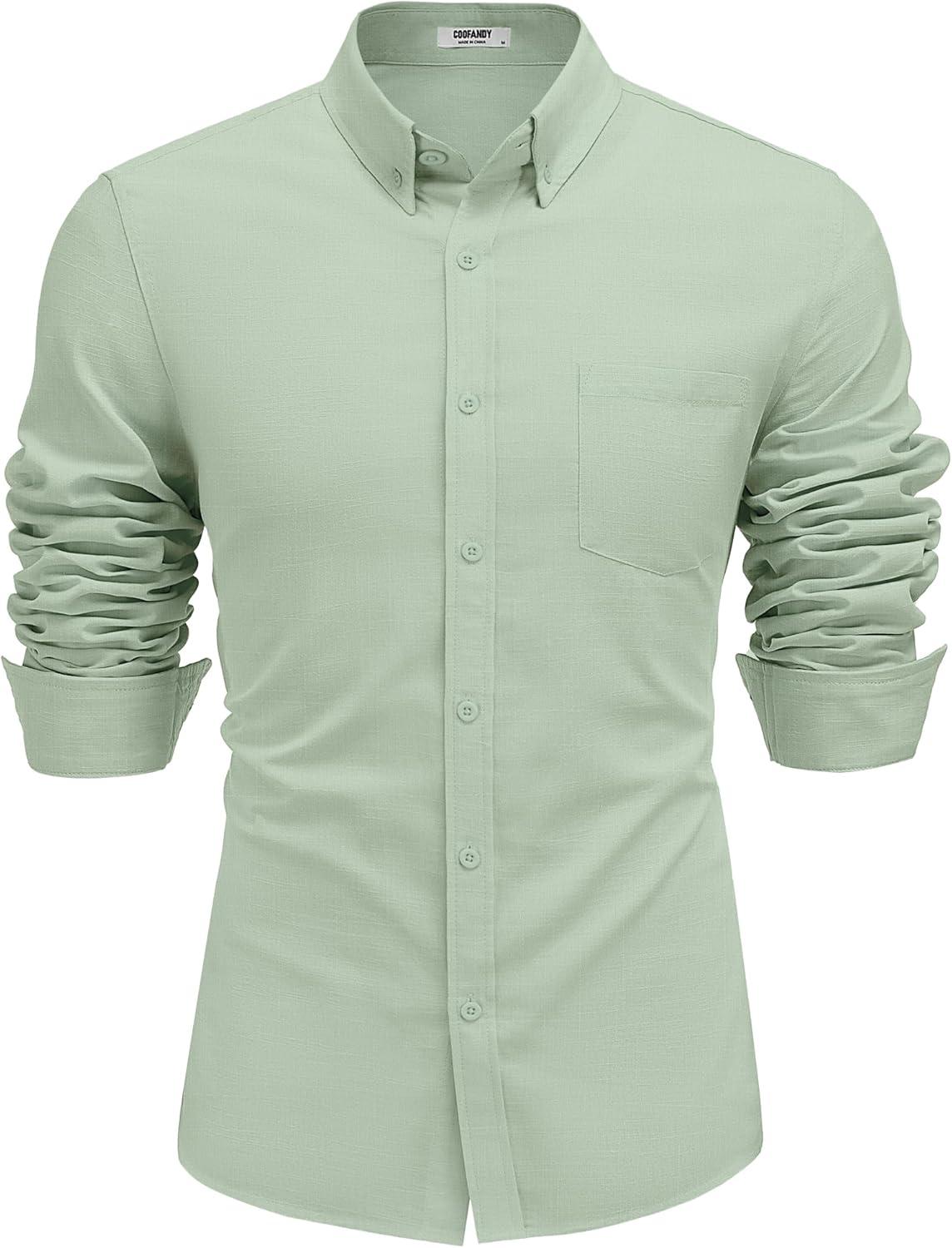 imageCOOFANDY Mens Long Sleeve Buttons Down Shirts Casual Button Up Shirts Beach Linen Shirt Untucked Dress ShirtLight Green