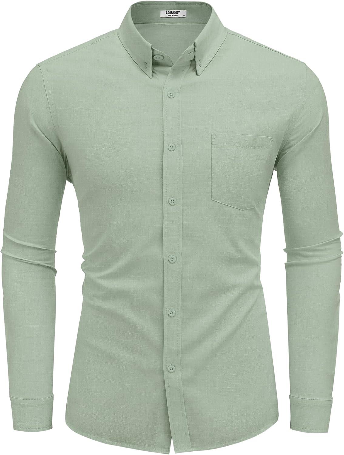 imageCOOFANDY Mens Long Sleeve Buttons Down Shirts Casual Button Up Shirts Beach Linen Shirt Untucked Dress ShirtLight Green