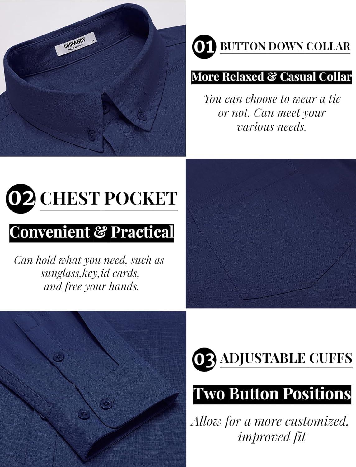 imageCOOFANDY Mens Long Sleeve Buttons Down Shirts Casual Button Up Shirts Beach Linen Shirt Untucked Dress ShirtNavy Blue