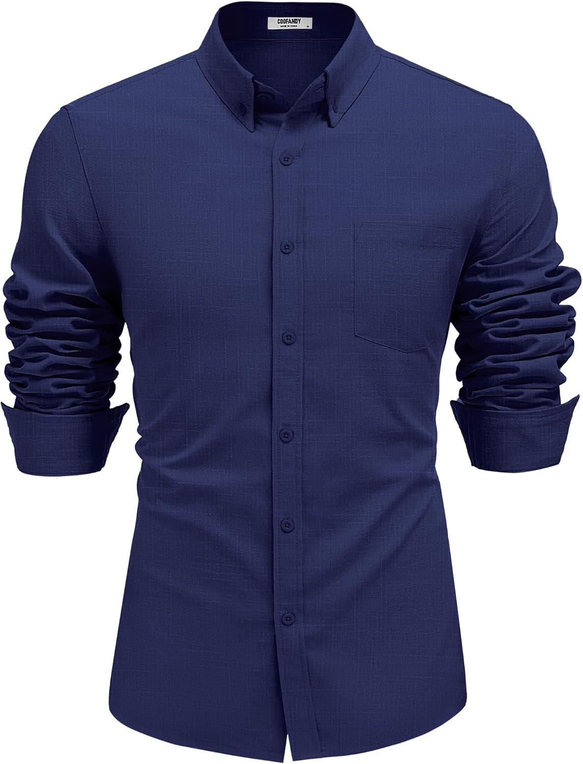 imageCOOFANDY Mens Long Sleeve Buttons Down Shirts Casual Button Up Shirts Beach Linen Shirt Untucked Dress ShirtNavy Blue