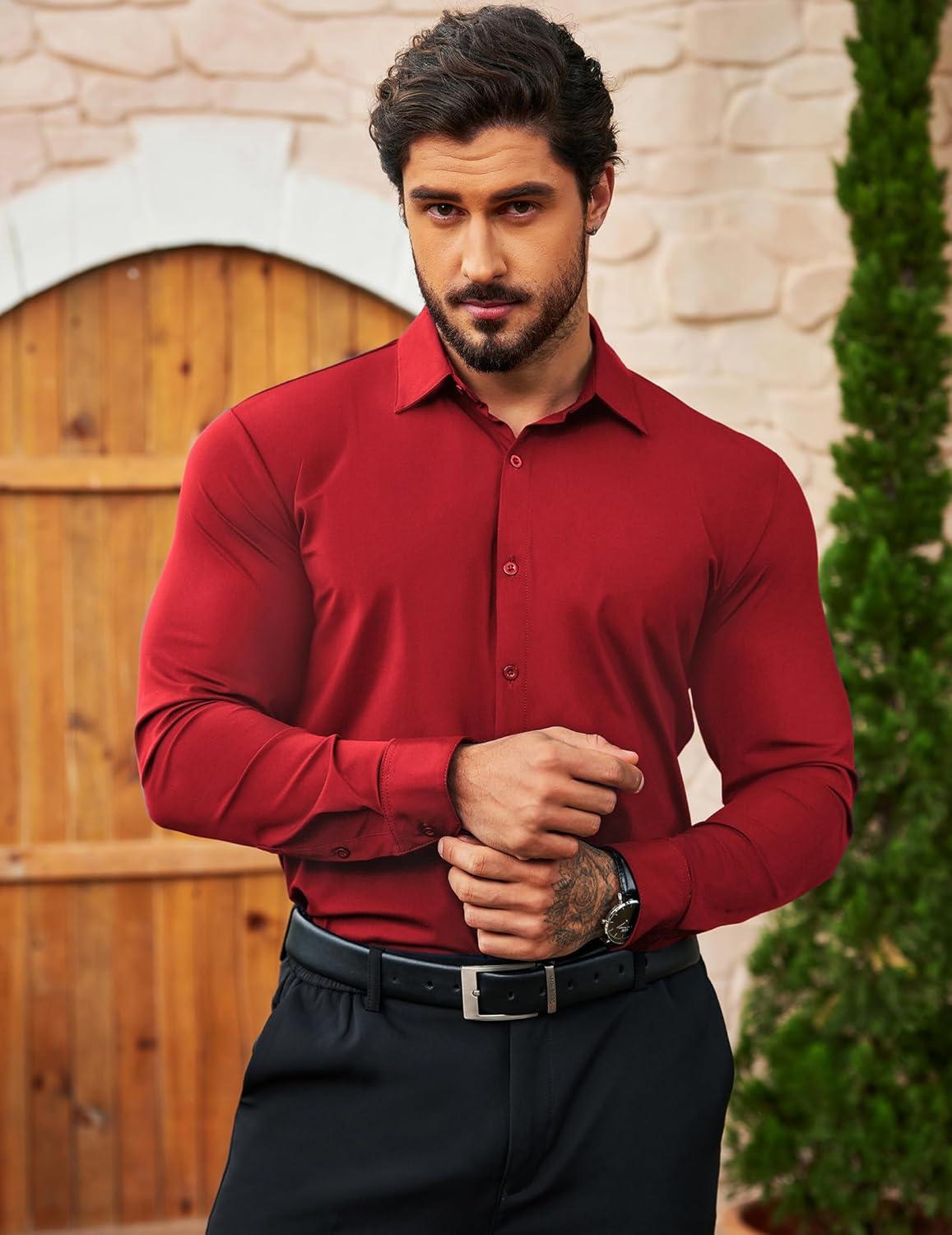 imageCOOFANDY Mens Long Sleeve Dress Shirts Regular Fit Business Formal Shirts Stretch Button Up Shirts Red