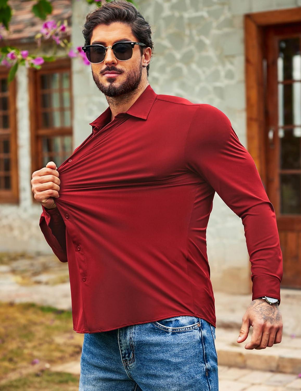 imageCOOFANDY Mens Long Sleeve Dress Shirts Regular Fit Business Formal Shirts Stretch Button Up Shirts Red