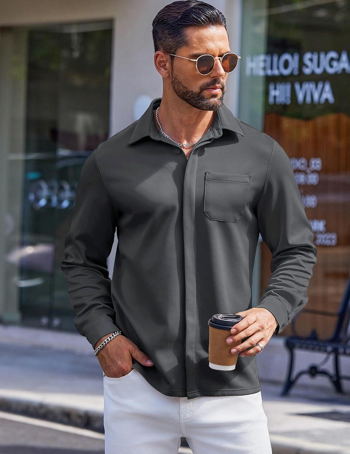 imageCOOFANDY Mens Long Sleeve Wrinkle Free Shirts Casual Button Down Shirts Untucked Dress ShirtDark Grey