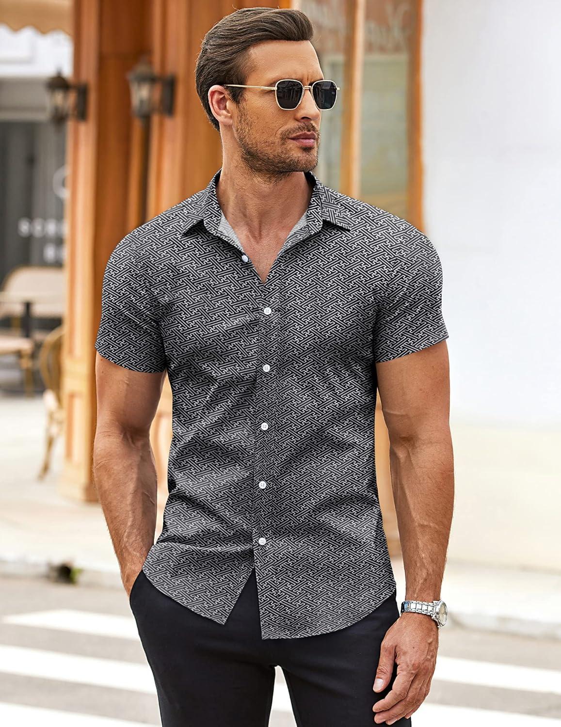 imageCOOFANDY Mens Muscle Fit Dress Shirts WrinkleFree Short Sleeve Casual Button Down ShirtFloral Black1