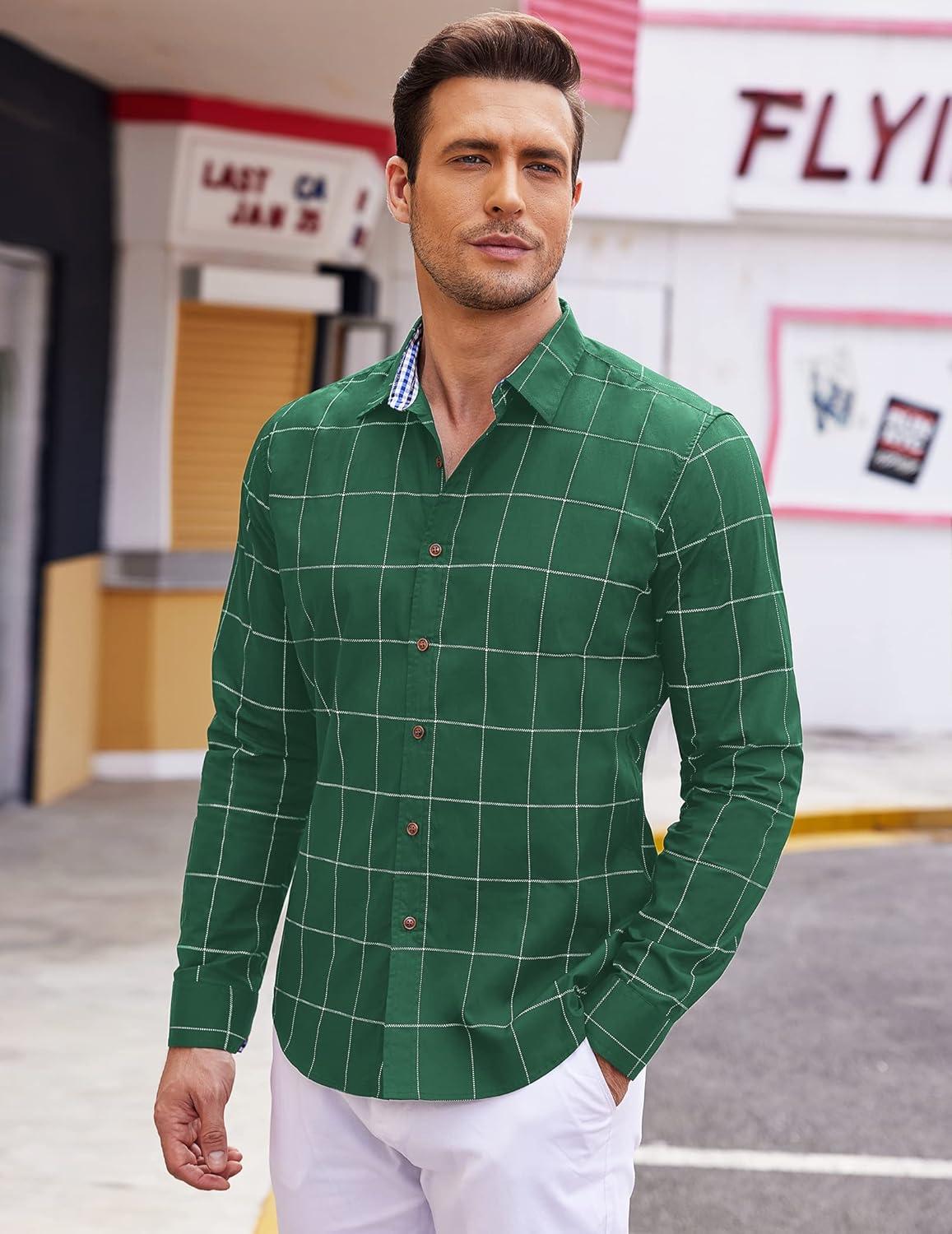 imageCOOFANDY Mens Plaid Dress Shirt Long Sleeve Business Casual Regular Fit Button Down ShirtsArmy Green
