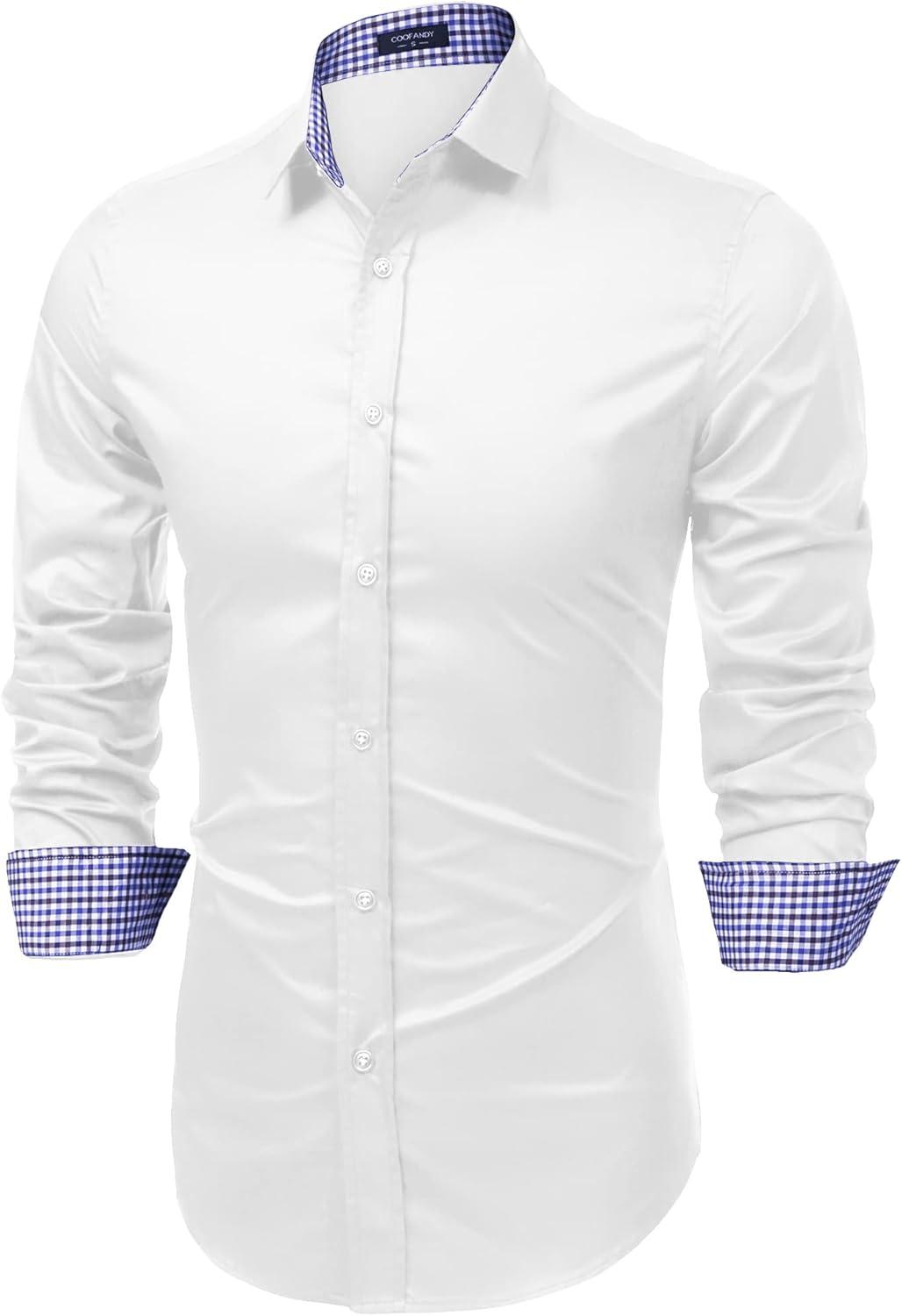 imageCOOFANDY Mens Plaid Dress Shirt Long Sleeve Business Casual Regular Fit Button Down ShirtsPure White