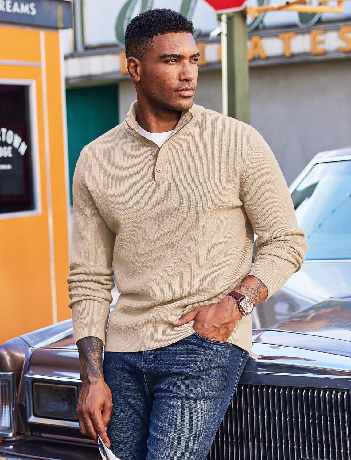imageCOOFANDY Mens Quarter Button Sweater Mock Neck Textured Knitted PulloverBeige