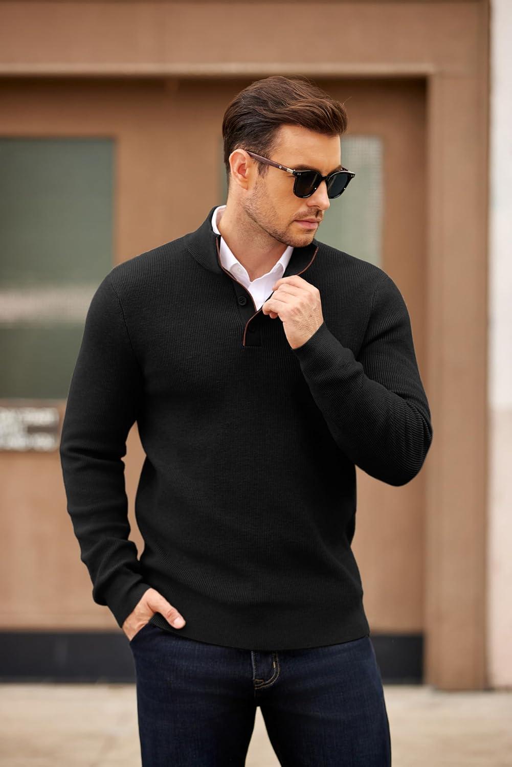 imageCOOFANDY Mens Quarter Button Sweater Mock Neck Textured Knitted PulloverBlack