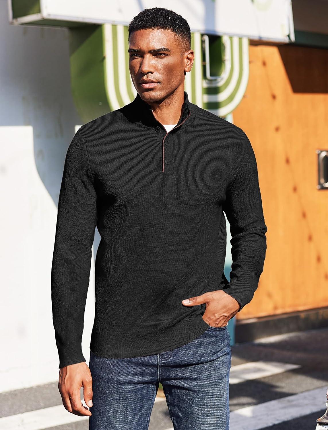 imageCOOFANDY Mens Quarter Button Sweater Mock Neck Textured Knitted PulloverBlack