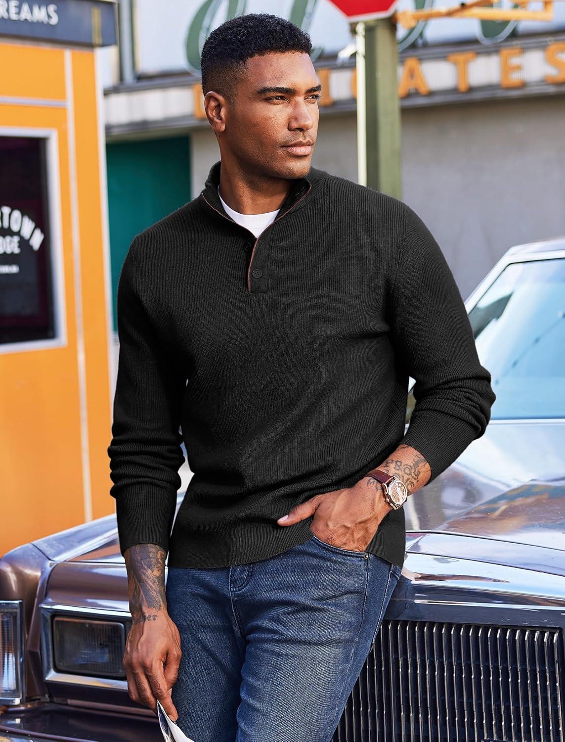 imageCOOFANDY Mens Quarter Button Sweater Mock Neck Textured Knitted PulloverBlack