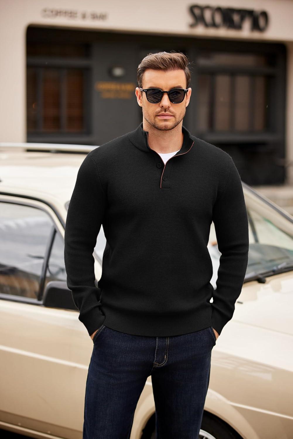 imageCOOFANDY Mens Quarter Button Sweater Mock Neck Textured Knitted PulloverBlack