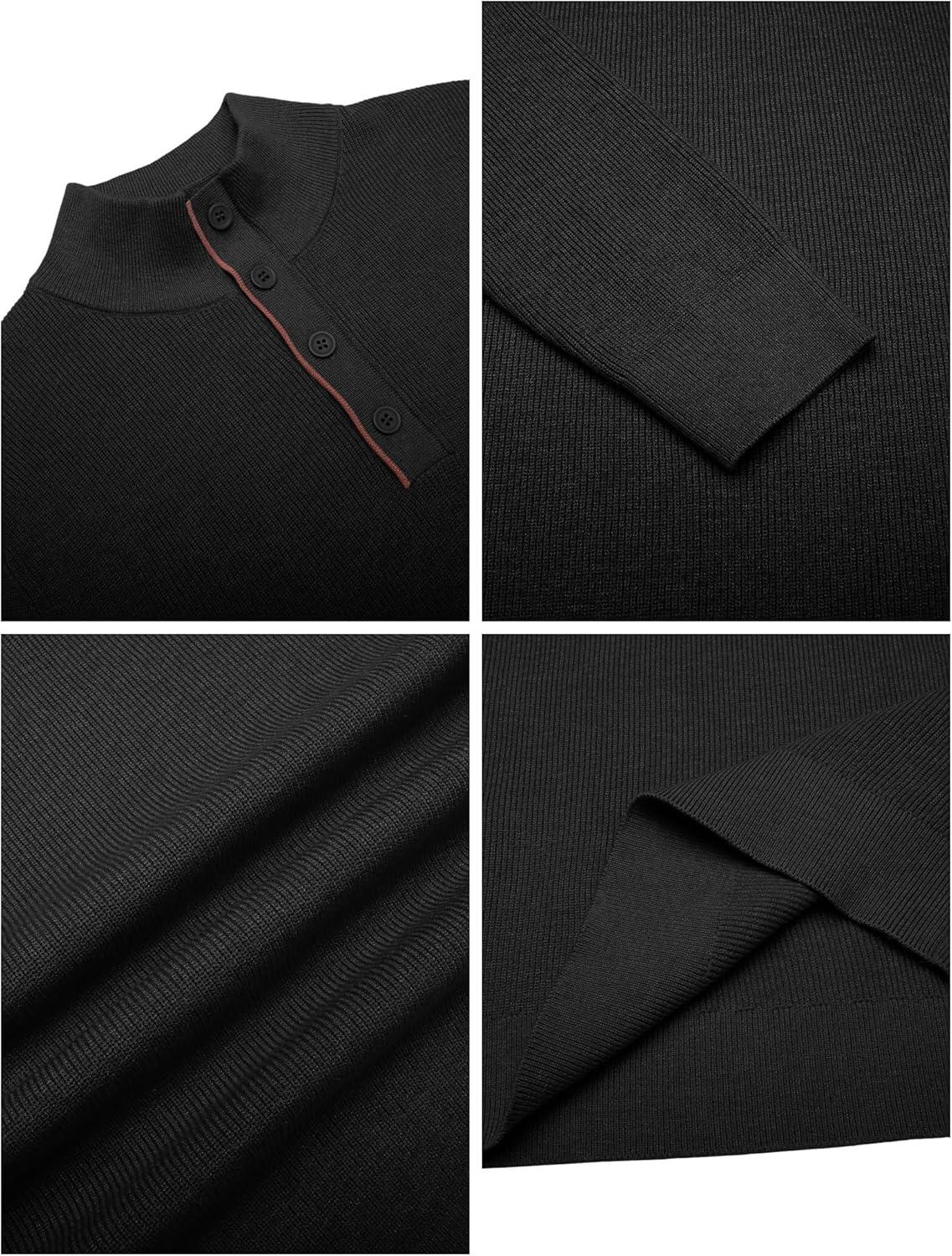 imageCOOFANDY Mens Quarter Button Sweater Mock Neck Textured Knitted PulloverBlack