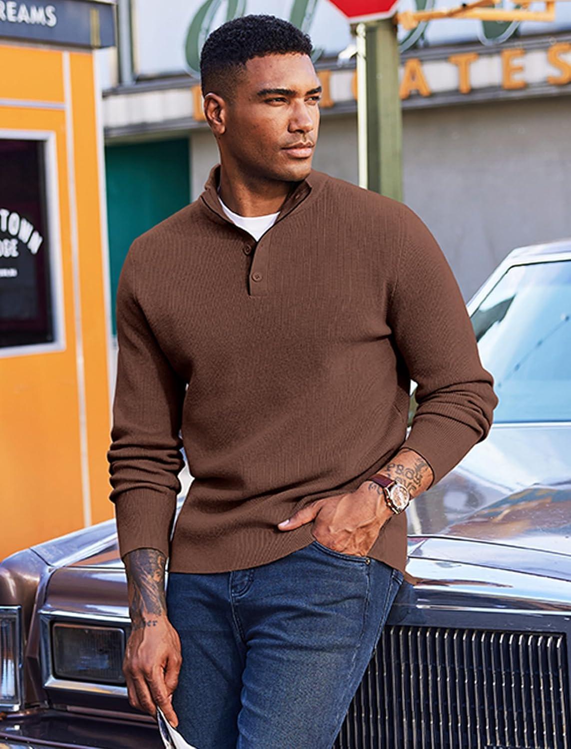 imageCOOFANDY Mens Quarter Button Sweater Mock Neck Textured Knitted PulloverCoffee
