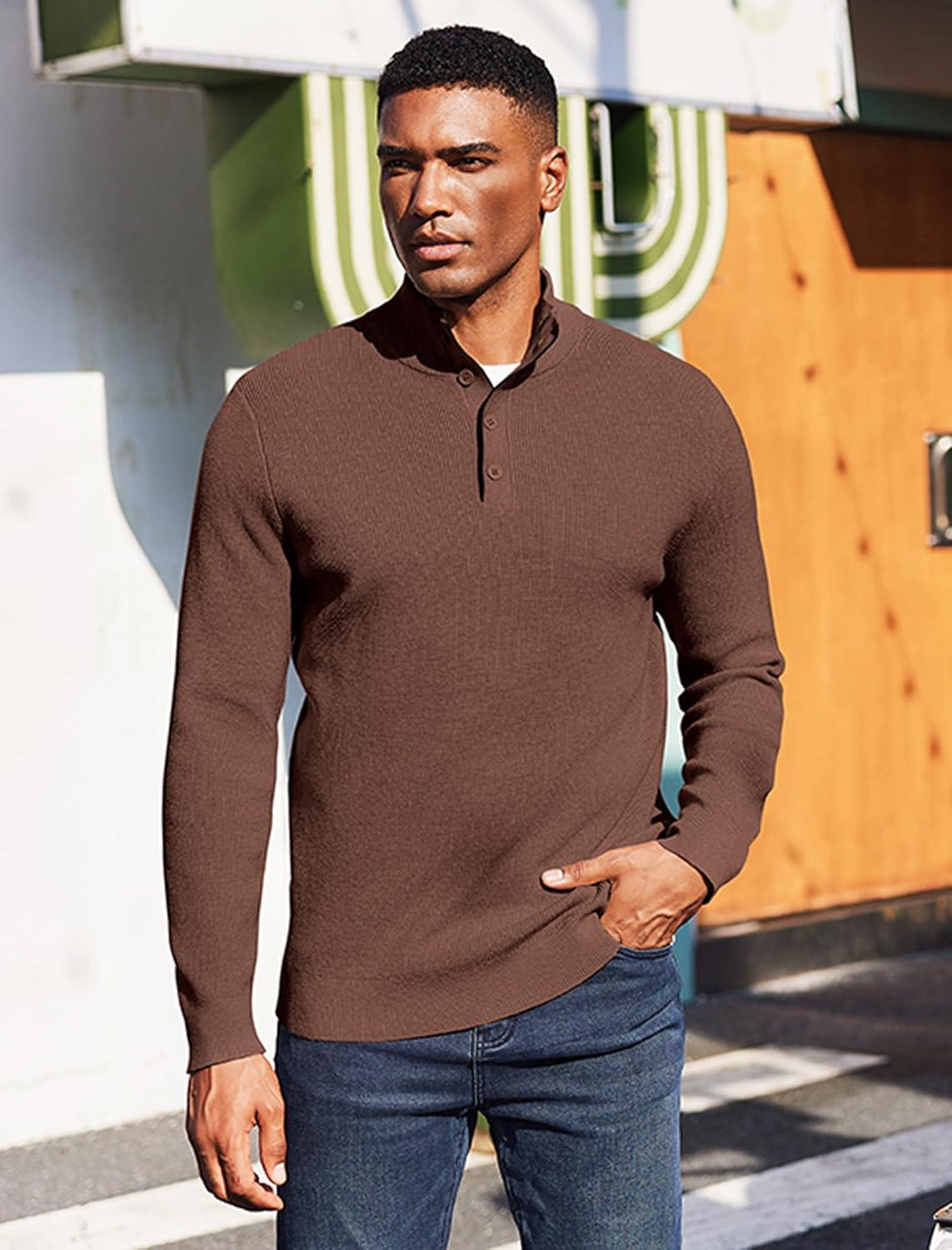 imageCOOFANDY Mens Quarter Button Sweater Mock Neck Textured Knitted PulloverCoffee
