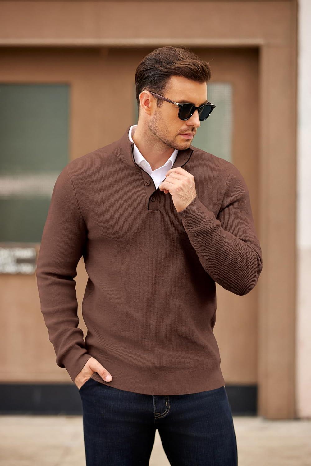 imageCOOFANDY Mens Quarter Button Sweater Mock Neck Textured Knitted PulloverCoffee