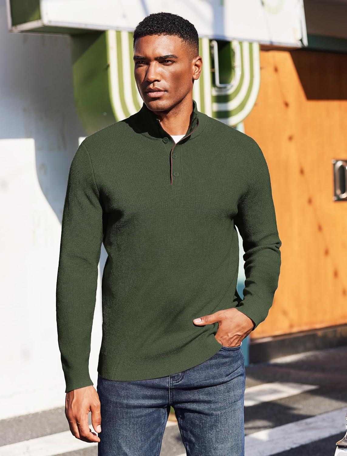 imageCOOFANDY Mens Quarter Button Sweater Mock Neck Textured Knitted PulloverDark Army Green