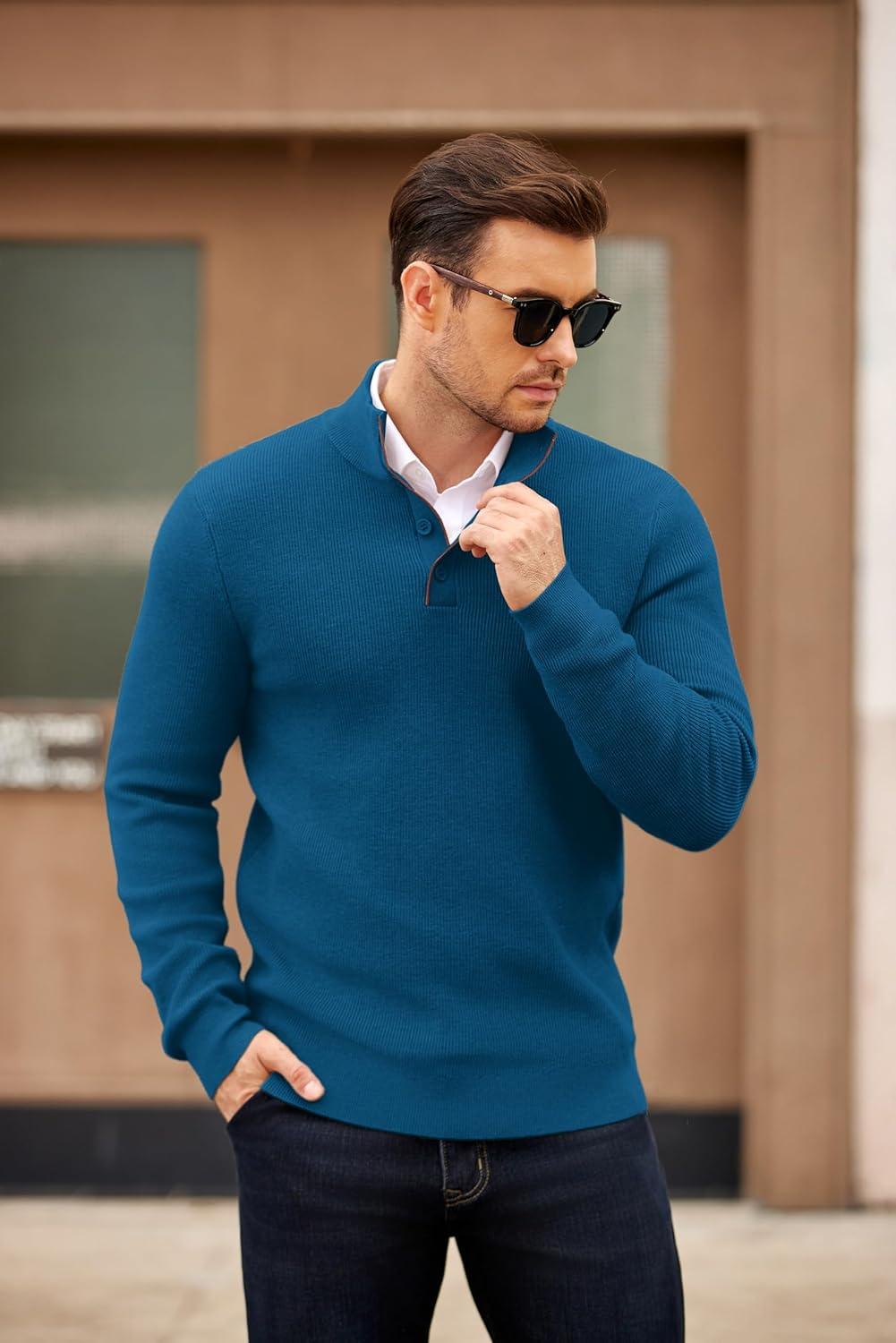 imageCOOFANDY Mens Quarter Button Sweater Mock Neck Textured Knitted PulloverDark Blue