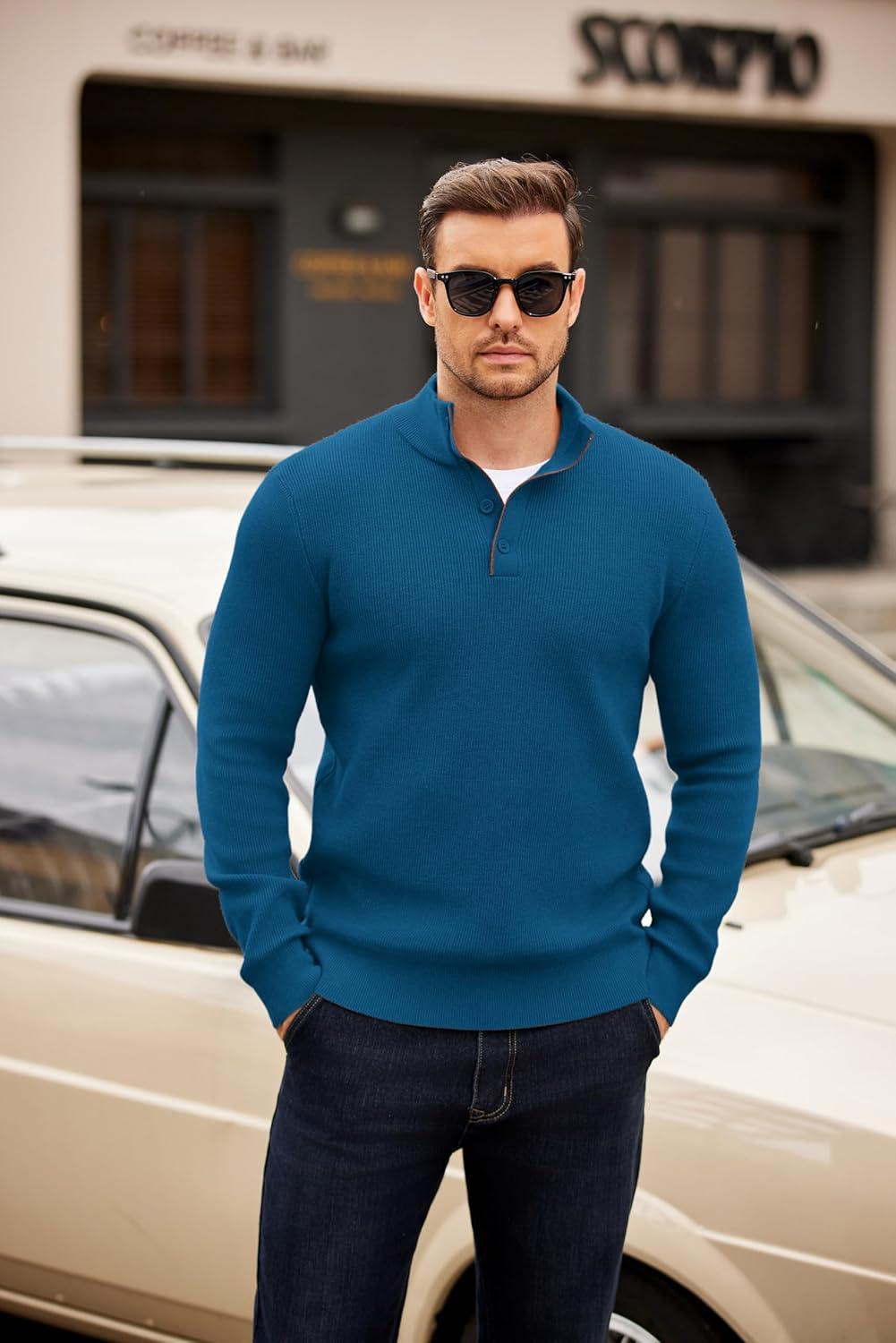 imageCOOFANDY Mens Quarter Button Sweater Mock Neck Textured Knitted PulloverDark Blue