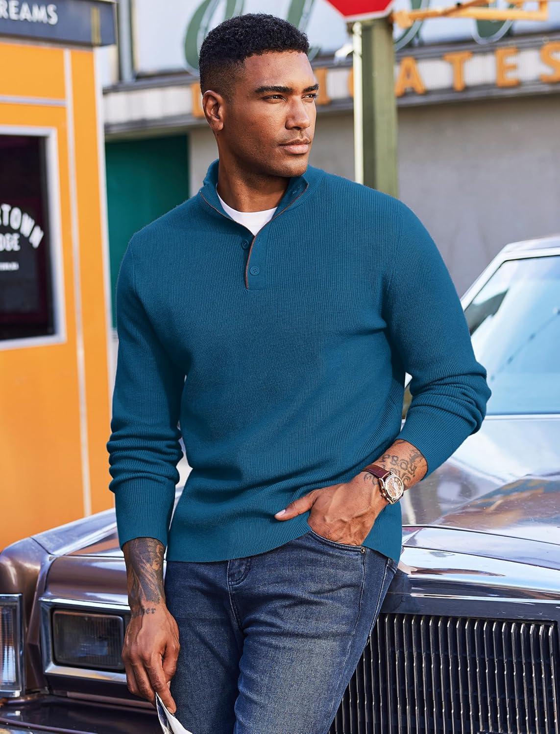 imageCOOFANDY Mens Quarter Button Sweater Mock Neck Textured Knitted PulloverDark Blue