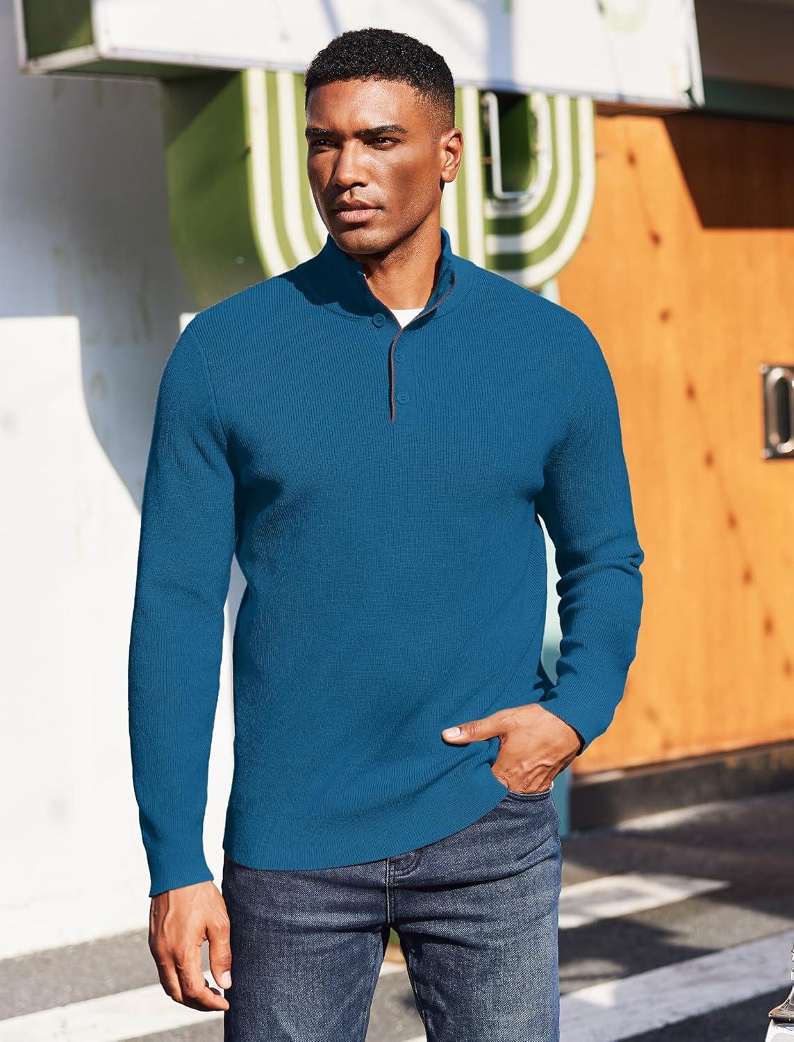 imageCOOFANDY Mens Quarter Button Sweater Mock Neck Textured Knitted PulloverDark Blue