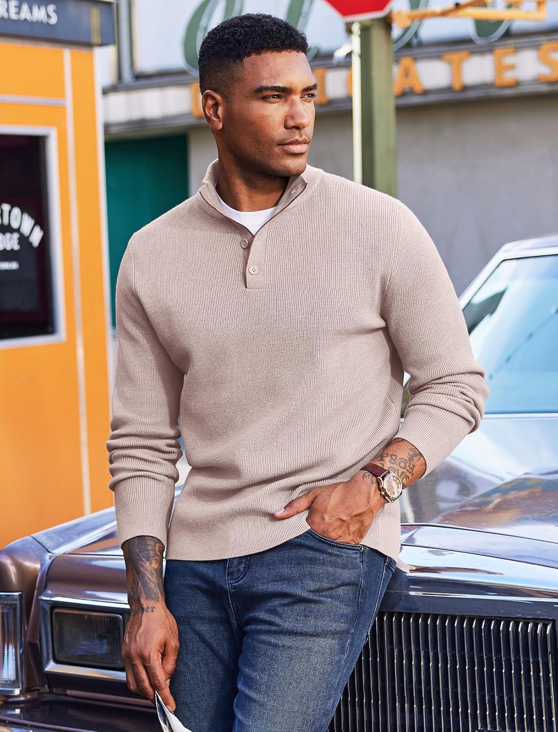 imageCOOFANDY Mens Quarter Button Sweater Mock Neck Textured Knitted PulloverKhaki