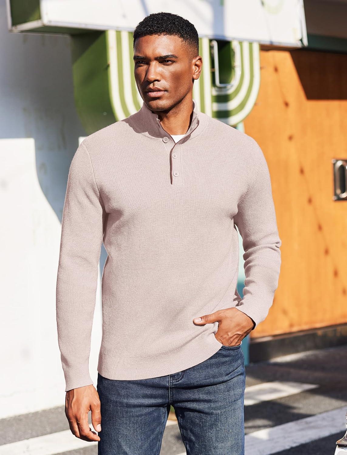 imageCOOFANDY Mens Quarter Button Sweater Mock Neck Textured Knitted PulloverKhaki
