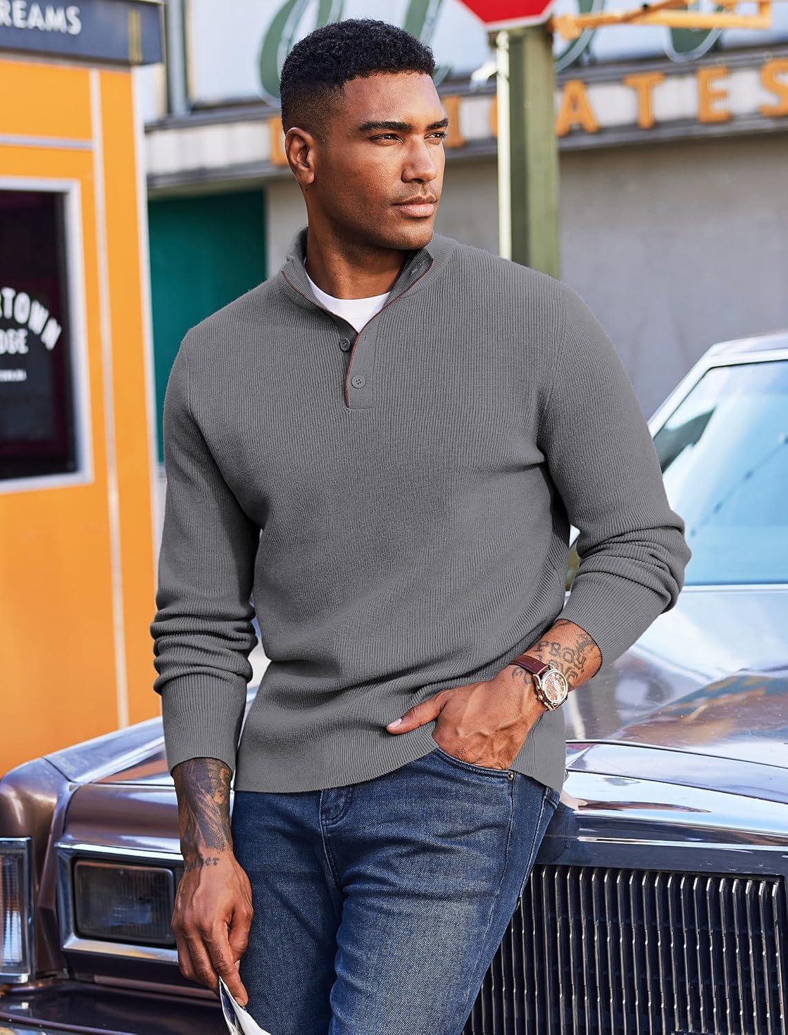 imageCOOFANDY Mens Quarter Button Sweater Mock Neck Textured Knitted PulloverMedium Gray