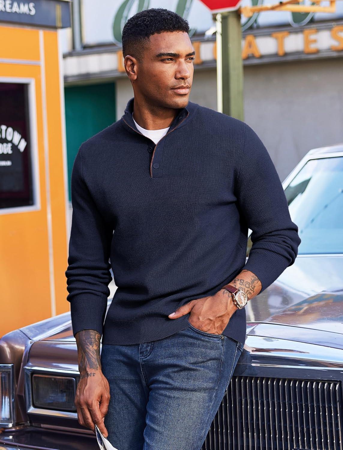 imageCOOFANDY Mens Quarter Button Sweater Mock Neck Textured Knitted PulloverNavy Blue