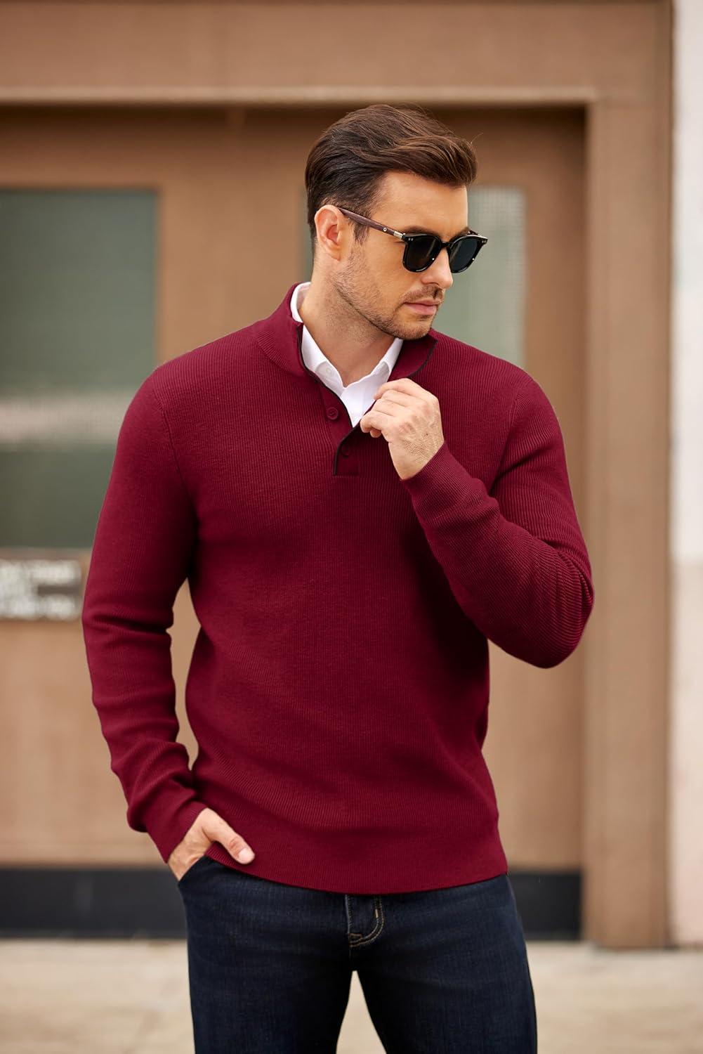 imageCOOFANDY Mens Quarter Button Sweater Mock Neck Textured Knitted PulloverWine Red