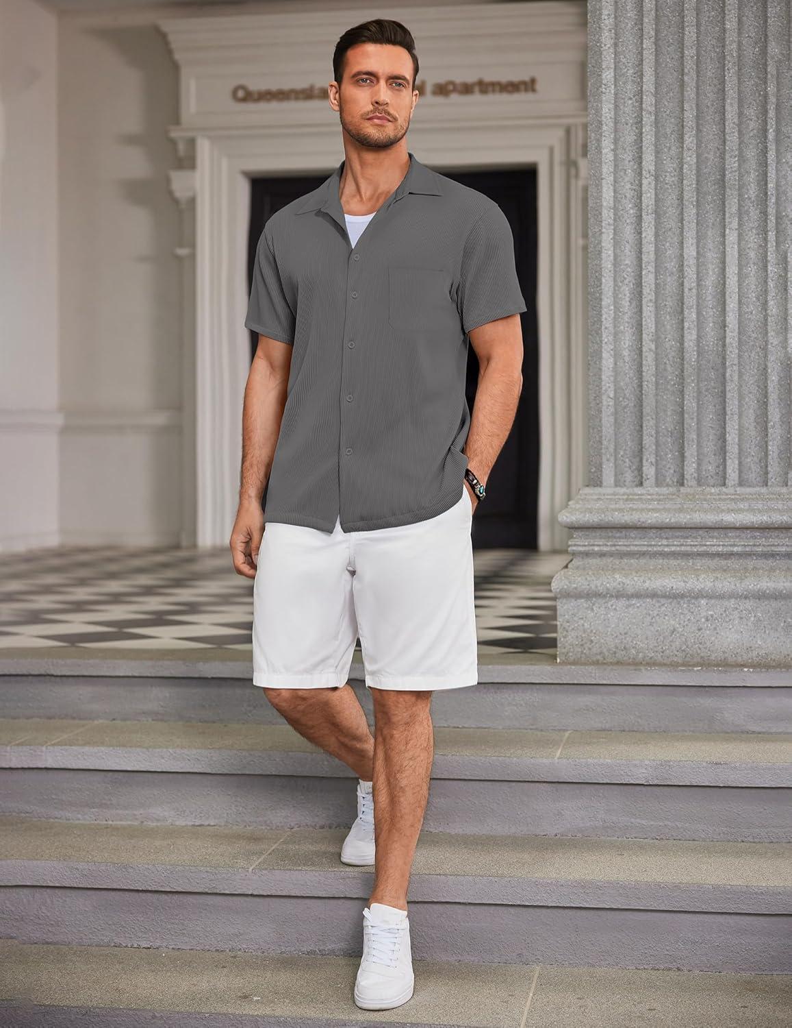 imageCOOFANDY Mens Ribbed Button Down Shirts Short Sleeve Casual Shirt with Pocket Summer Beach Camp TopsDark Grey