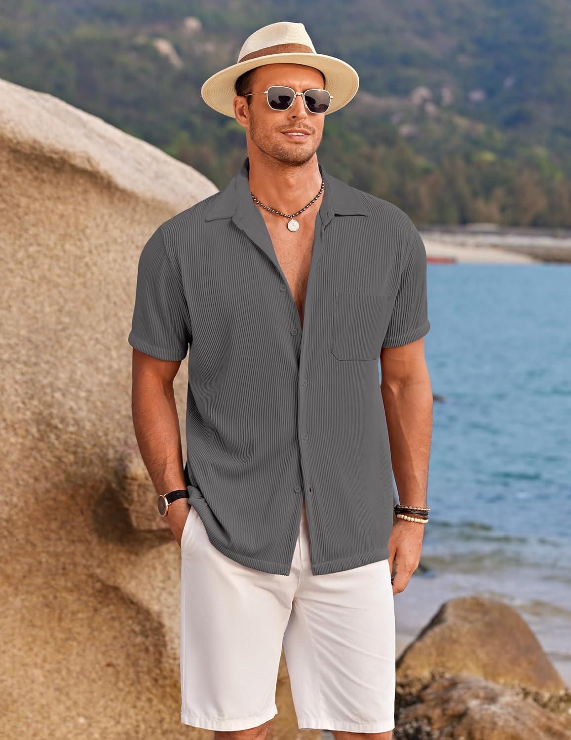 imageCOOFANDY Mens Ribbed Button Down Shirts Short Sleeve Casual Shirt with Pocket Summer Beach Camp TopsDark Grey