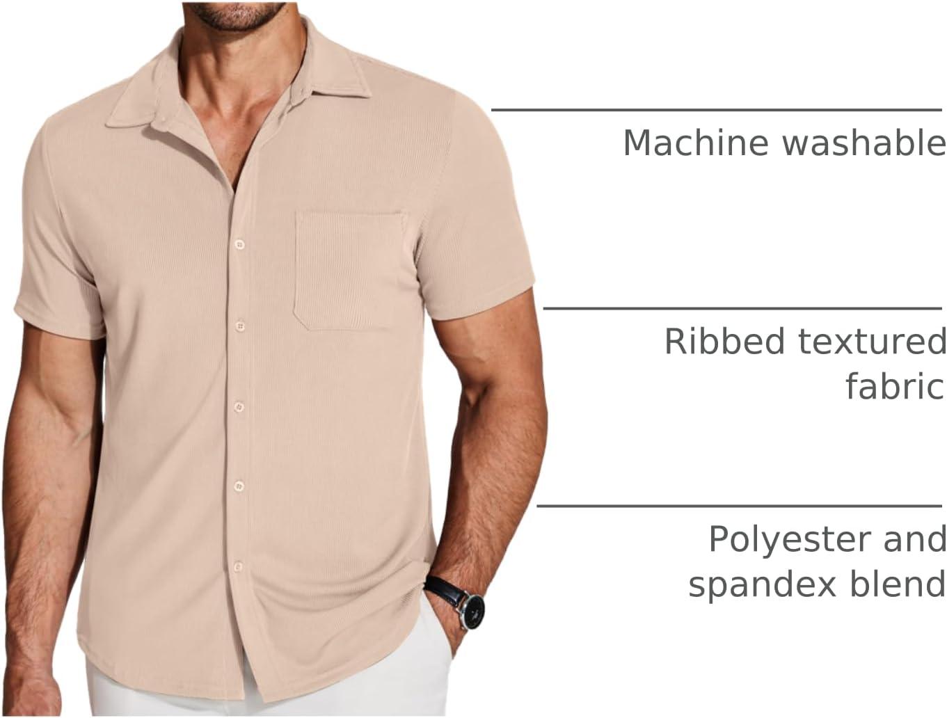 imageCOOFANDY Mens Ribbed Button Down Shirts Short Sleeve Casual Shirt with Pocket Summer Beach Camp TopsKhaki