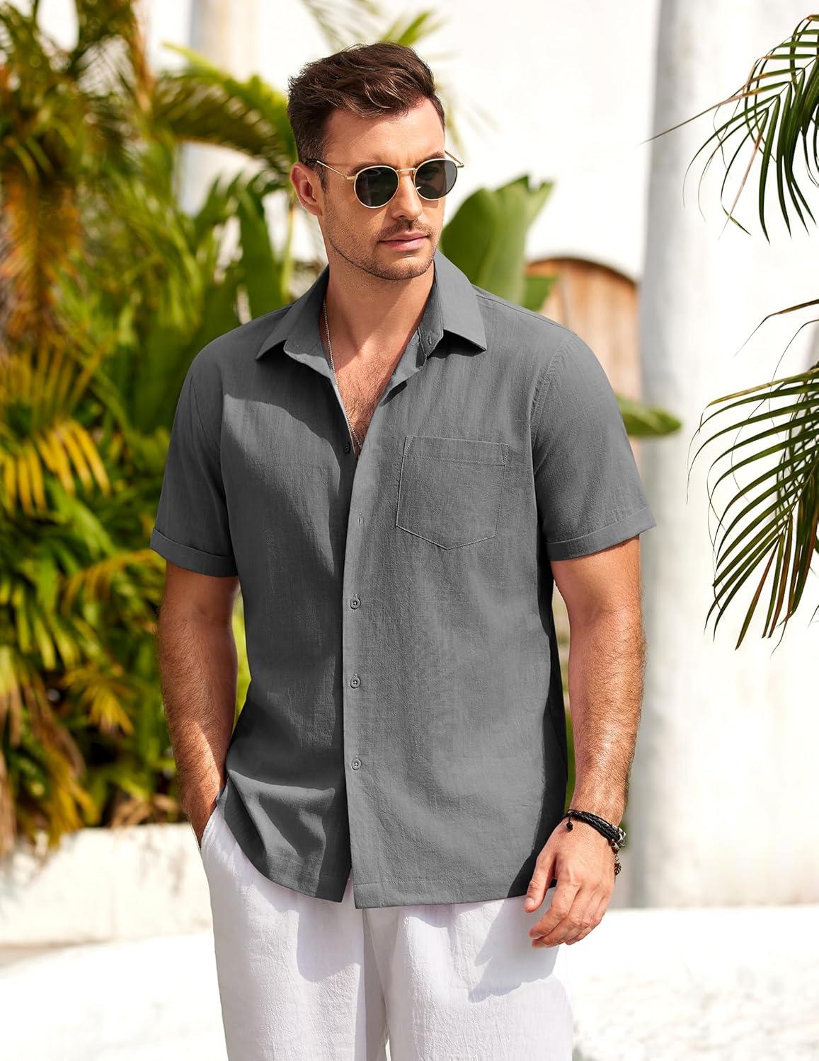 imageCOOFANDY Mens Short Sleeve Button Down Shirts Casual Cotton Beach Summer Linen Textured ShirtsDark Grey