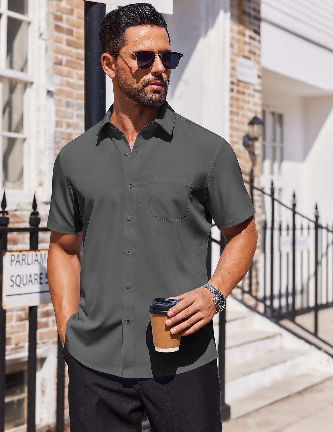 imageCOOFANDY Mens Short Sleeve Button Down Shirts Lightweight Stain Shield Business Casual Dress Shirt Wrinkle FreeDark Grey