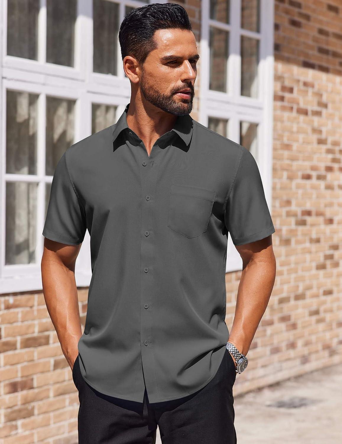 imageCOOFANDY Mens Short Sleeve Button Down Shirts Lightweight Stain Shield Business Casual Dress Shirt Wrinkle FreeDark Grey