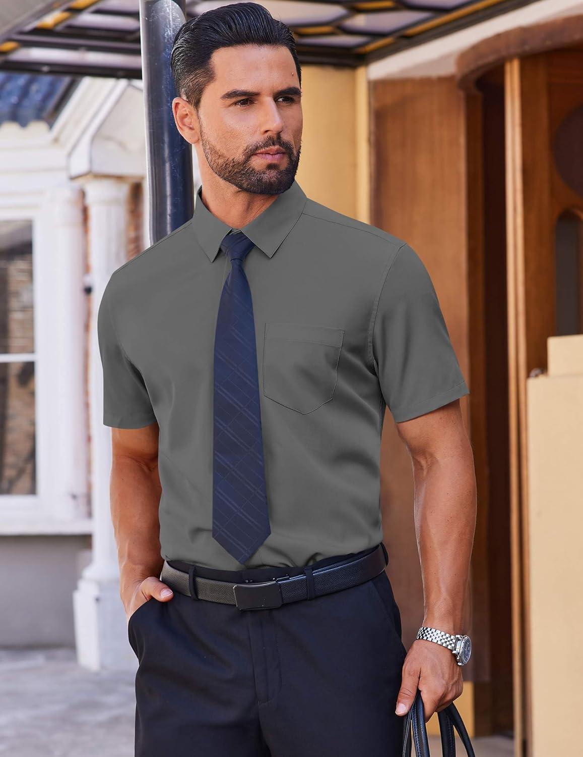 imageCOOFANDY Mens Short Sleeve Button Down Shirts Lightweight Stain Shield Business Casual Dress Shirt Wrinkle FreeDark Grey
