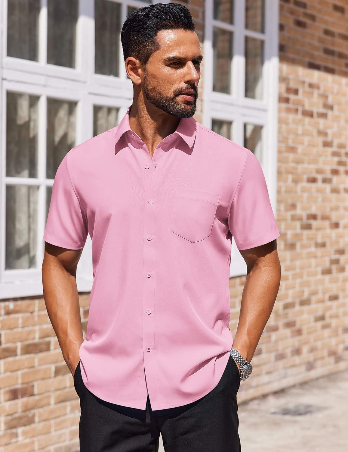 imageCOOFANDY Mens Short Sleeve Button Down Shirts Lightweight Stain Shield Business Casual Dress Shirt Wrinkle FreePink